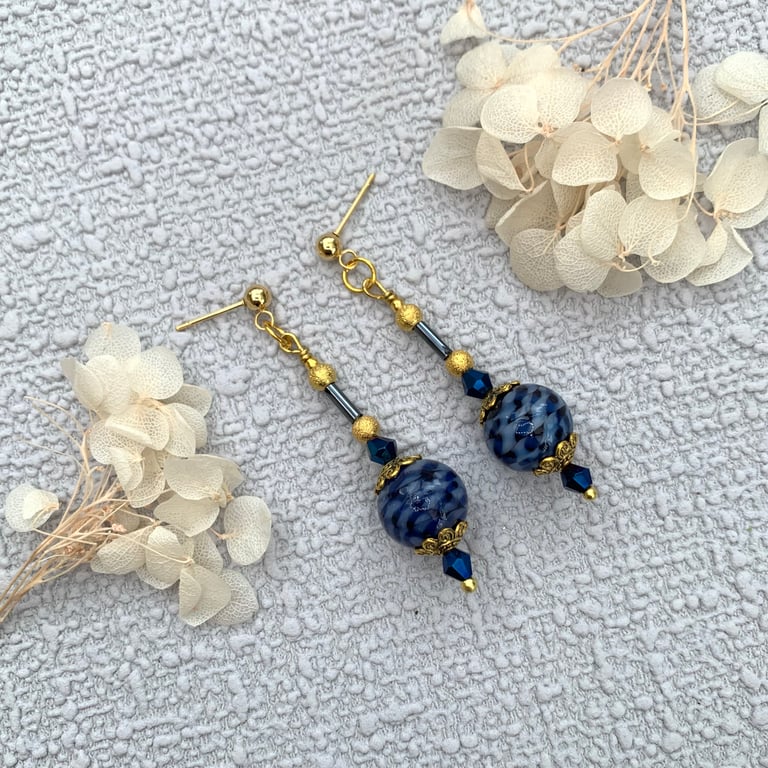 Vintage Style Blue and Gold Drop Earrings