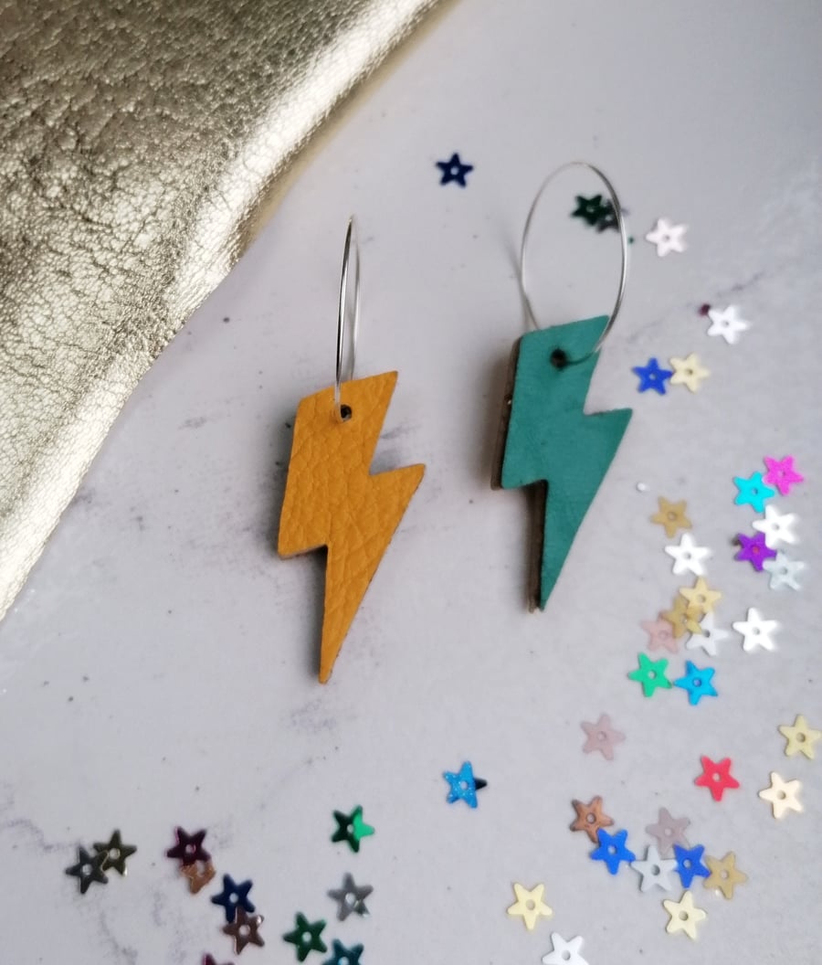 Reversible Lightning Bolt Hoop Earrings - Mustard & Turquoise
