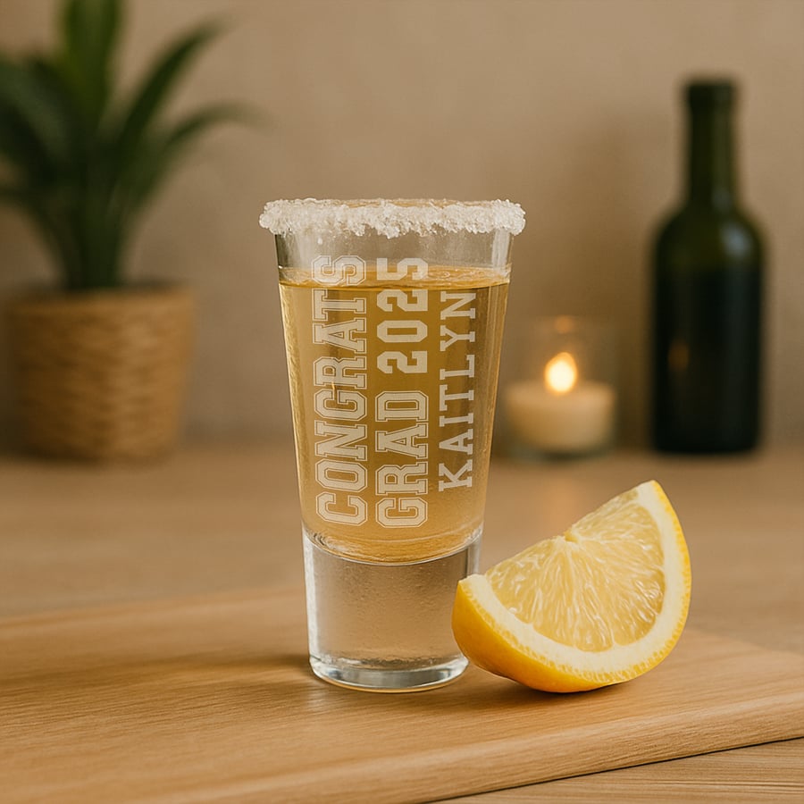 Personalised Graduation Gift – Congrats Grad - College Font - Custom Shot Glass