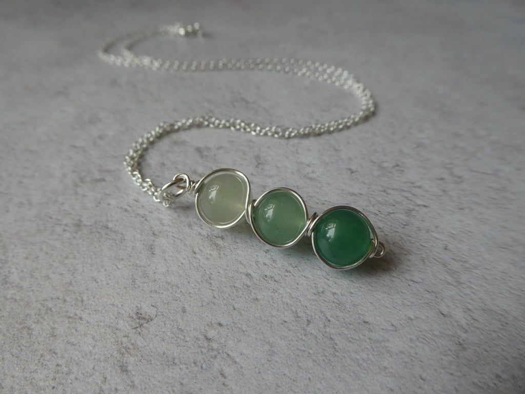 sterling silver green aventurine necklace, shades of green gemstone pendant