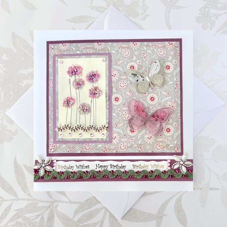 Large Handmade birthday card - alliums butterflies - beaded and textiles