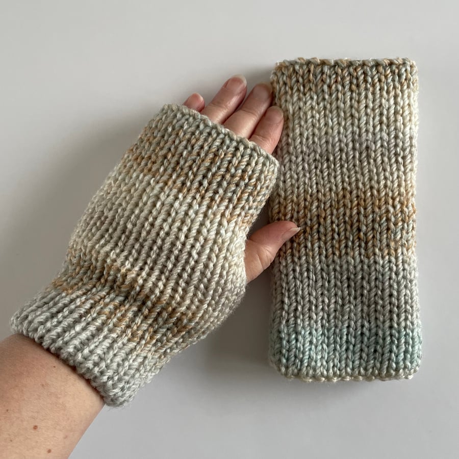 Cream Knitted Fingerless Gloves, handmade wrist warmers, FREE DELIVERY 