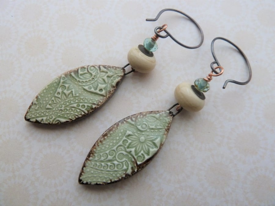 green and ivory lampwork, copper and ceramic earrings