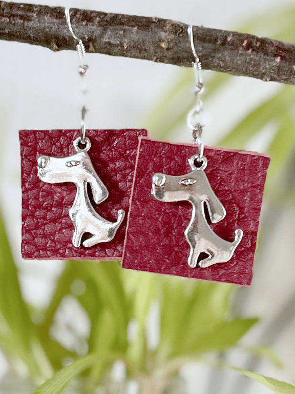 Elegant Red Leather drop Earrings with silver cheeky Dog Charm