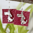 Elegant Red Leather drop Earrings with silver cheeky Dog Charm