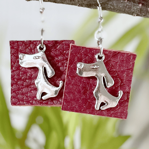 Elegant Red Leather drop Earrings with silver cheeky Dog Charm