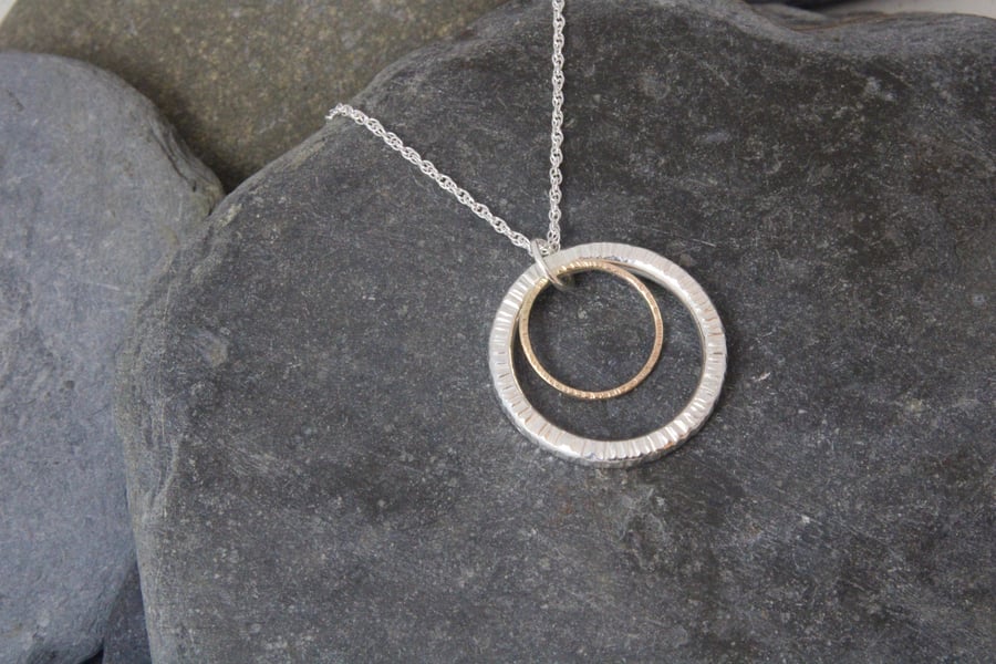 Hammered Double Circle Sterling Silver and 9 ct Gold Pendant Necklace