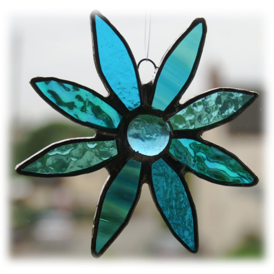 Daisy Stained Glass Suncatcher Turquoise Handmade 030