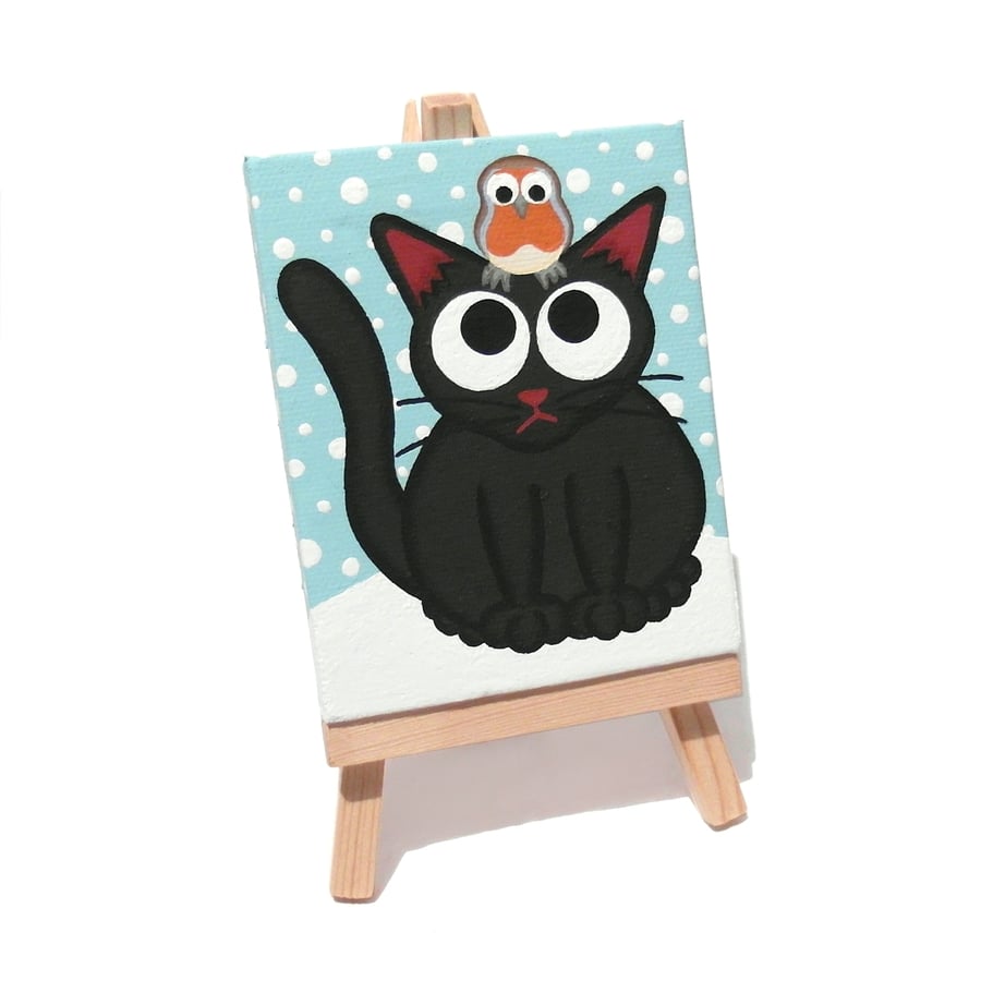 Black Cat and Robin Original Miniature Painting - snowy Christmas art