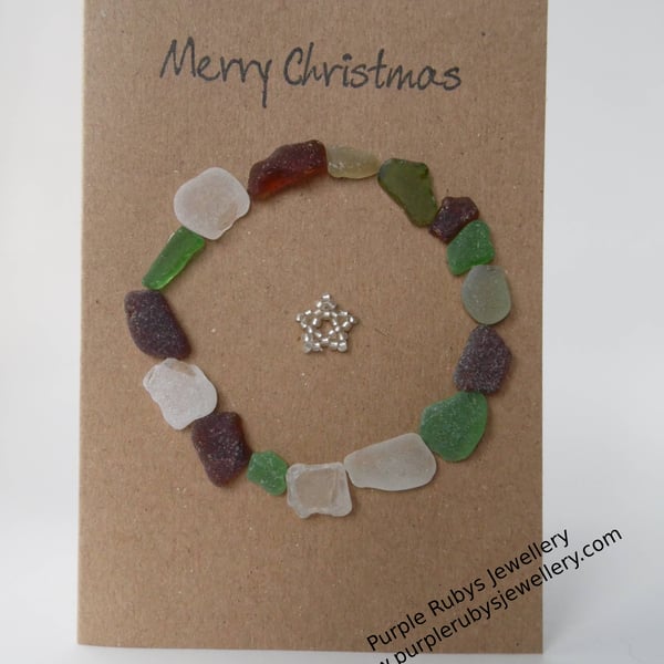 Cornish Christmas Wreath Sea Glass with White Star Christmas Card C280