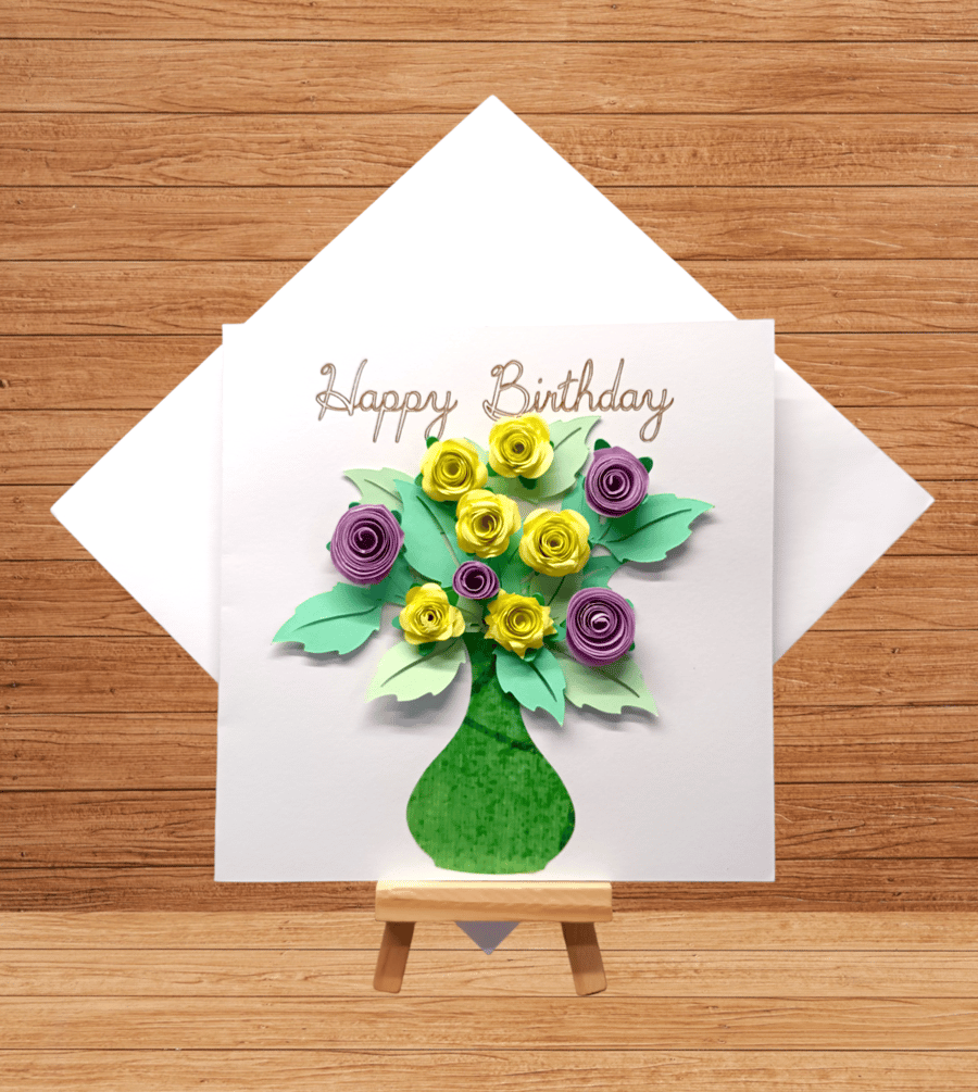 Beautiful lilac and yellow rolled floral Birthday card