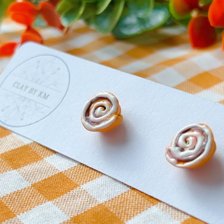 Cinnamon Roll Stud Earrings, Polymer Clay Food Jewellery, Handmade UK