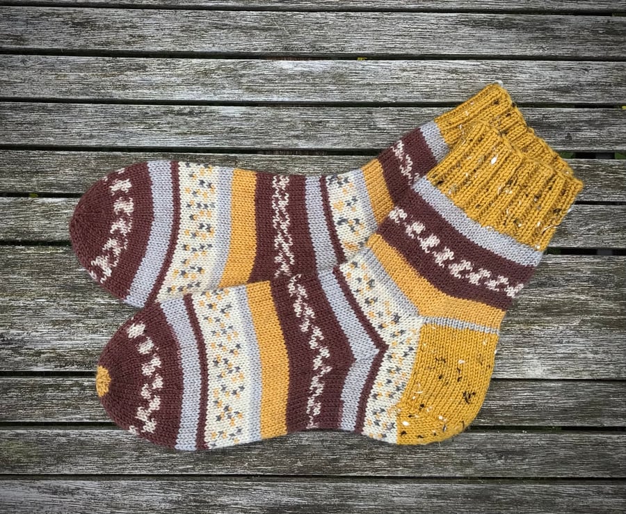 Hand knitted socks, yellow grey brown, UK 2.5-3.5 EU 35-36