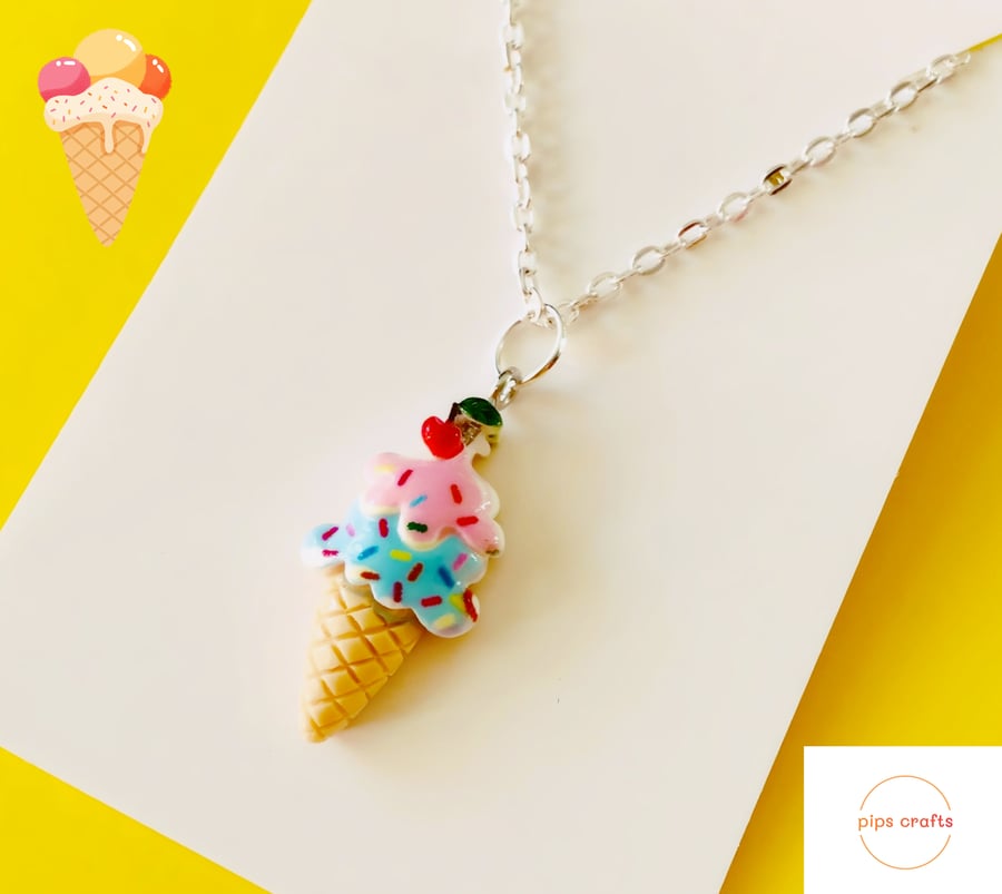 Ice Cream & Sprinkles Necklace, 18 Inch Chain, Fun Quirky Handmade Jewellery