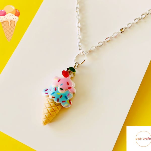 Ice Cream & Sprinkles Necklace, 18 Inch Chain, Fun Quirky Handmade Jewellery