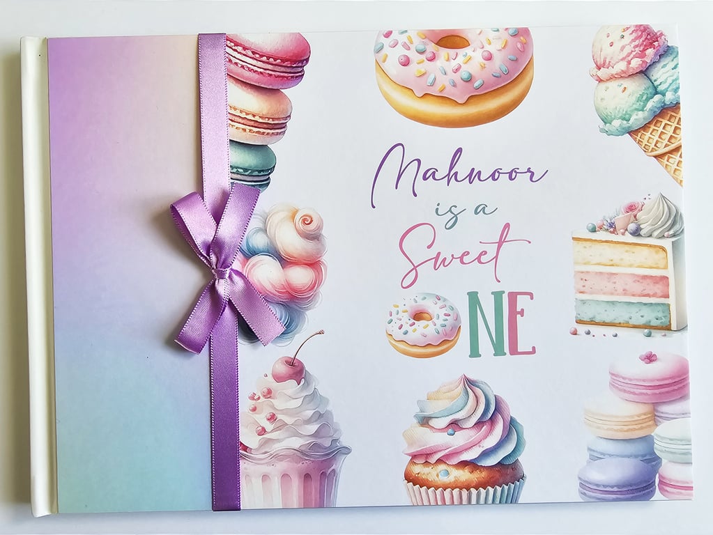 Candyland watercolour pastel birthday guest book, sweet one guest book, gift