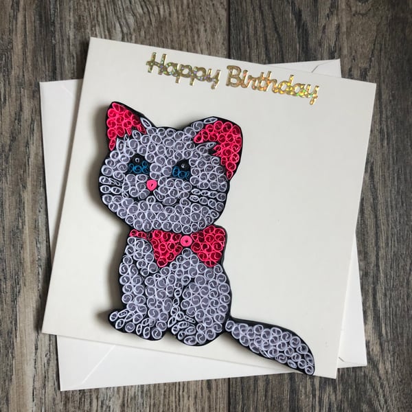 Handmade quilled white cat happy birthday card 