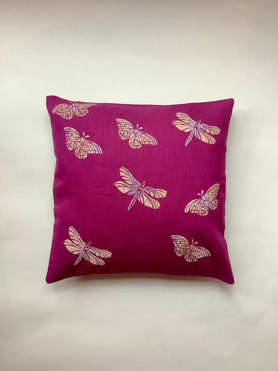 Magenta Butterflies and Dragonflies linen cushion cover