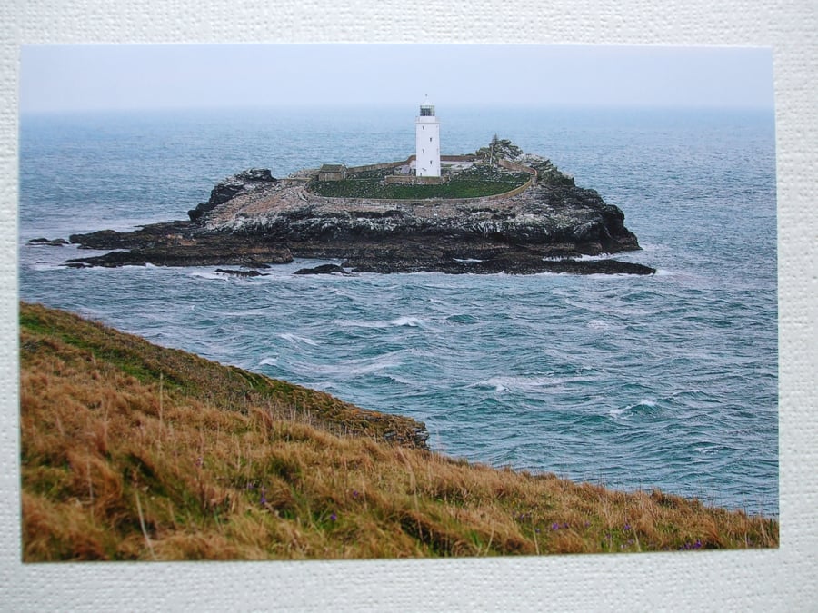 Photographic greetings card of Godrevy Lighthouse & a rough sea.