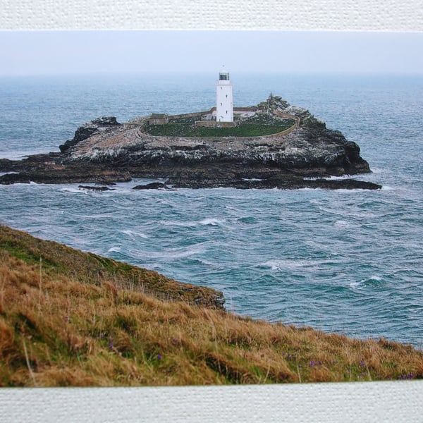 Photographic greetings card of Godrevy Lighthouse & a rough sea.