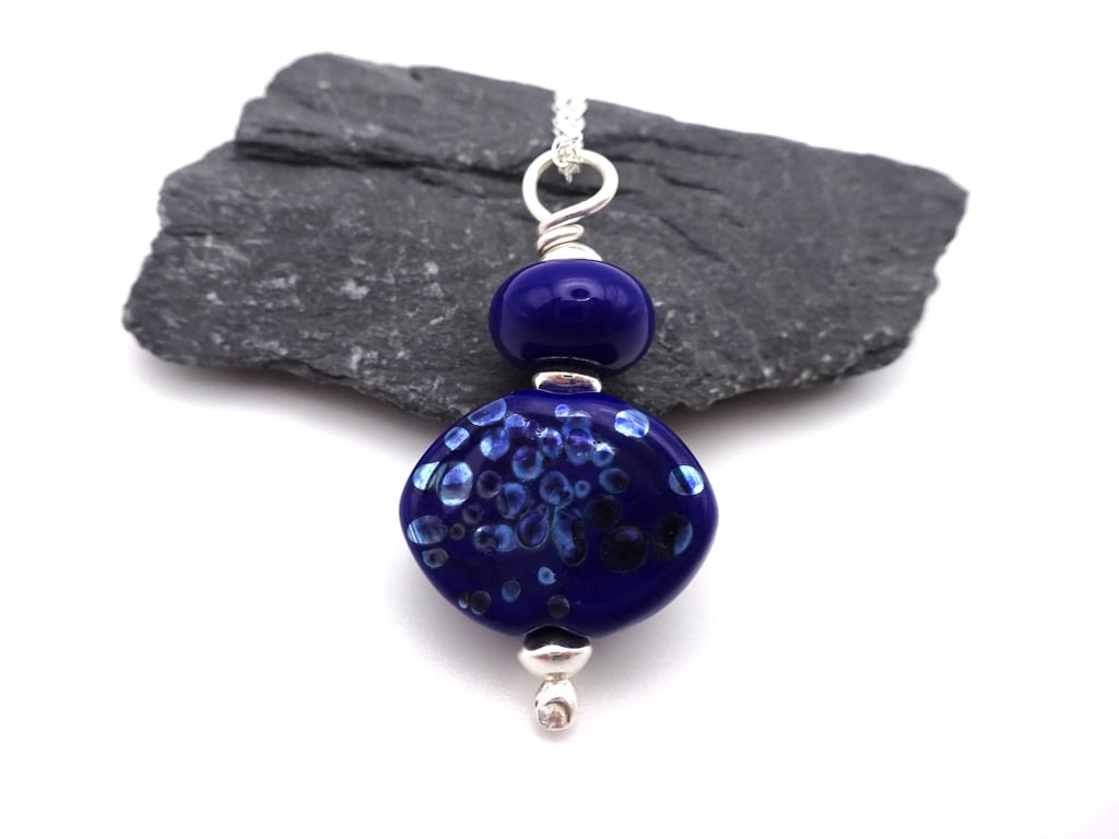 lampwork glass blue and silver pendant necklace
