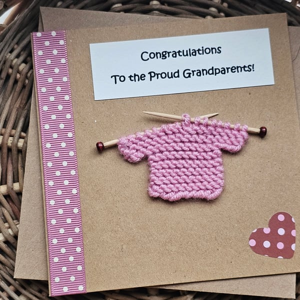Pink Grandparents New Granddaughter Card with Knitted Jumper Seconds
