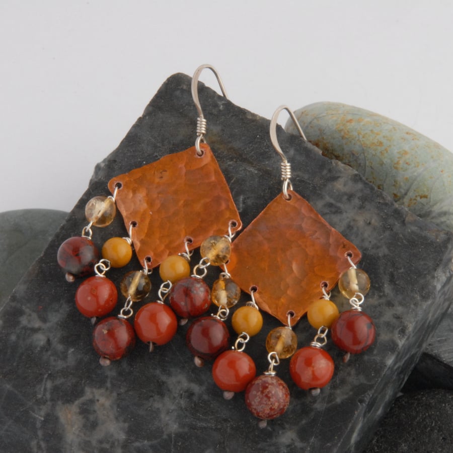 jasper and citrine fringed textured copper and sterling silver earrings
