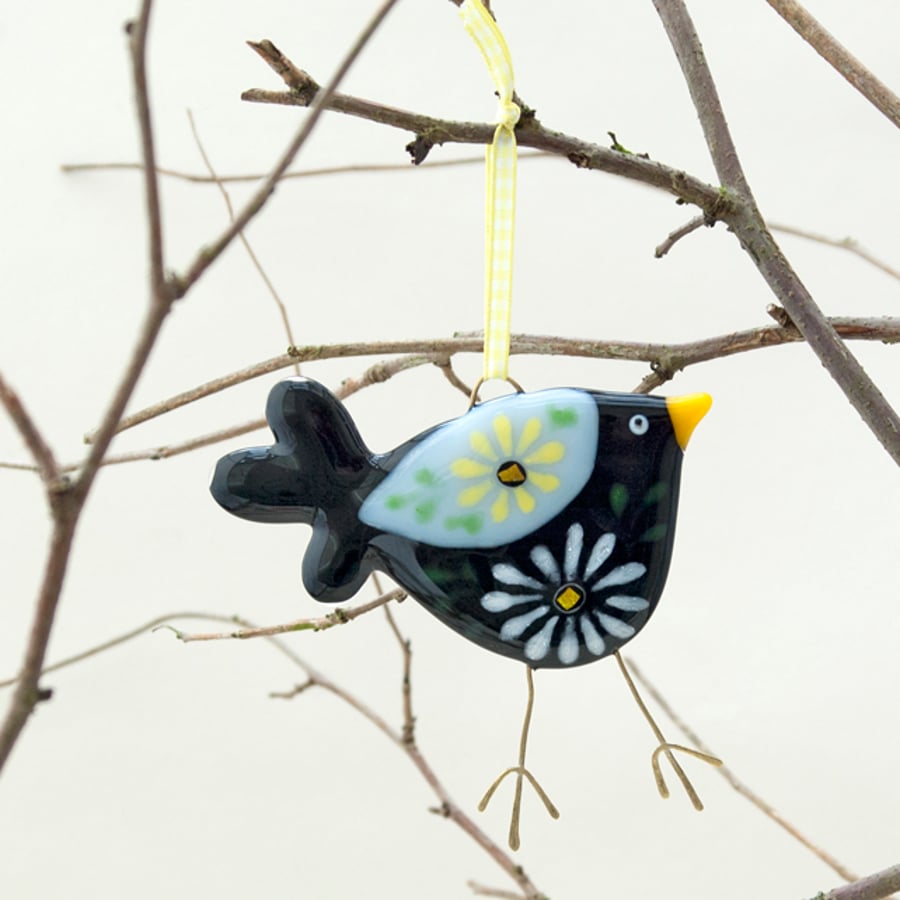 Fused Glass Black Flowery Bird Decoration