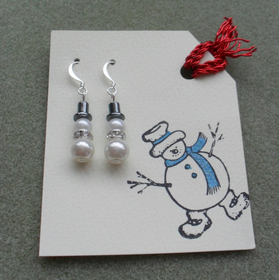 Christmas Snowman Earrings With Glass Pearls and Haematite Stocking Filler