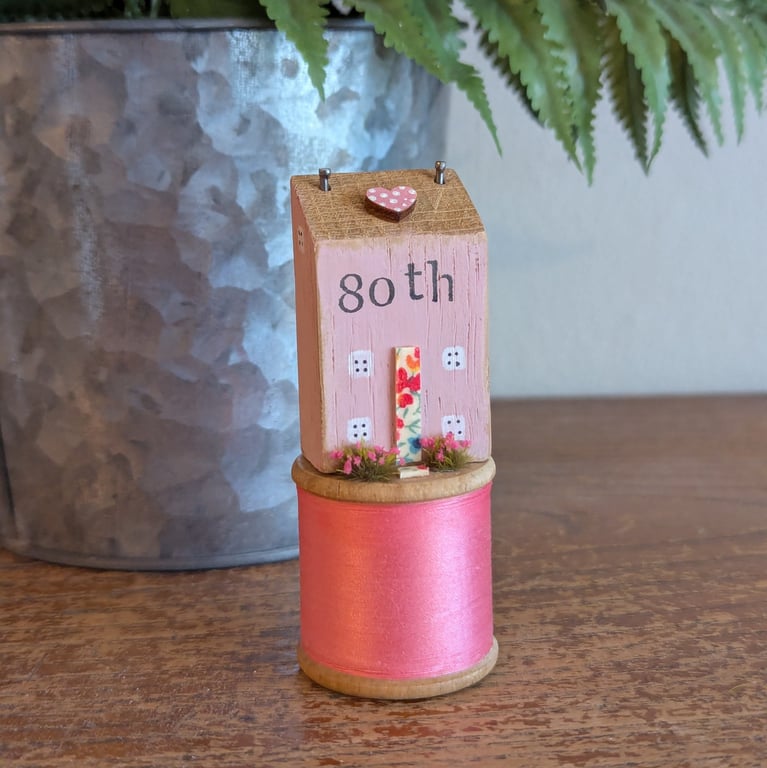 Vintage Bobbin and Handmade Tiny Oak 80th Birthday Gift