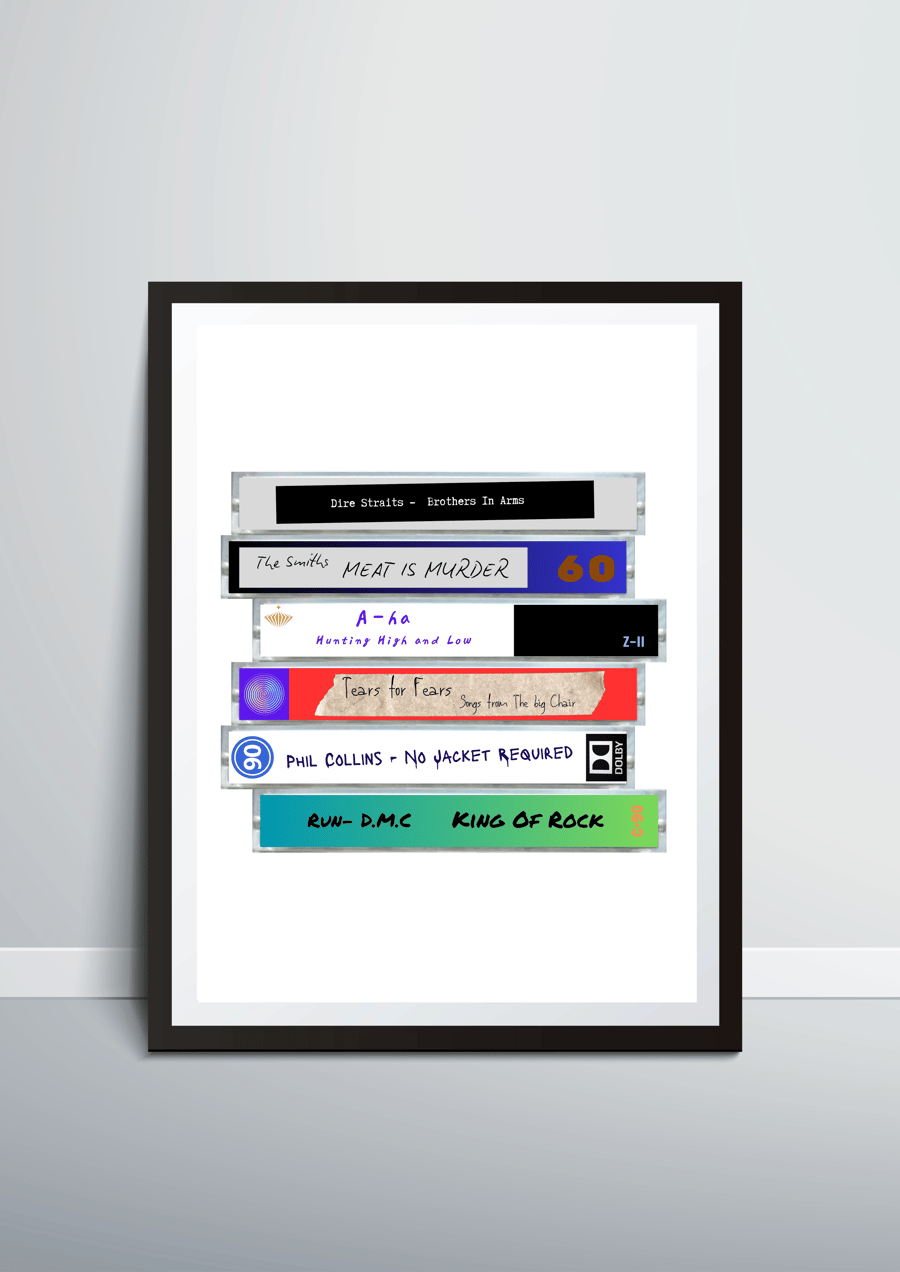 A4 Music Art, Cassette stack, Favourite Playlist, 1985, 40th Birthday