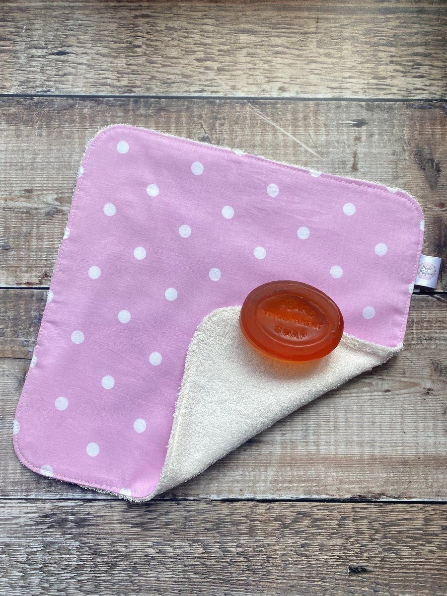 Organic Bamboo Cotton Wash Face Wipe Cloth Flannel Pink White Polka Dot