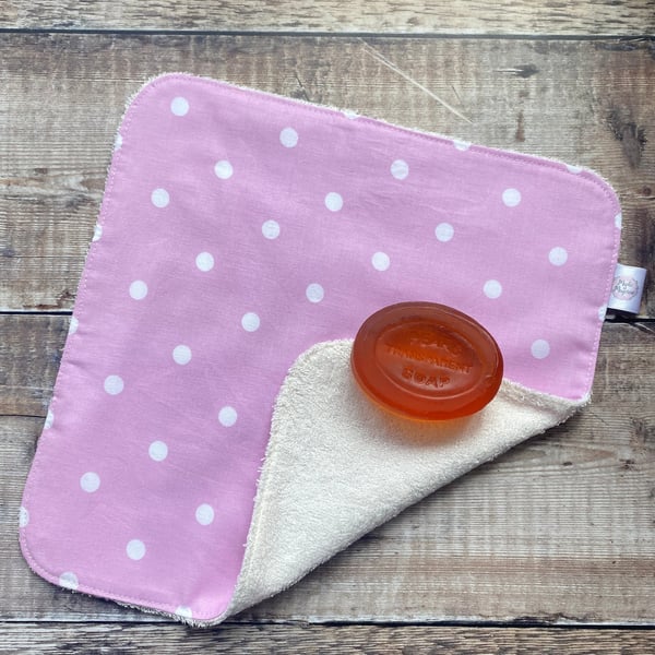 Organic Bamboo Cotton Wash Face Wipe Cloth Flannel Pink White Polka Dot