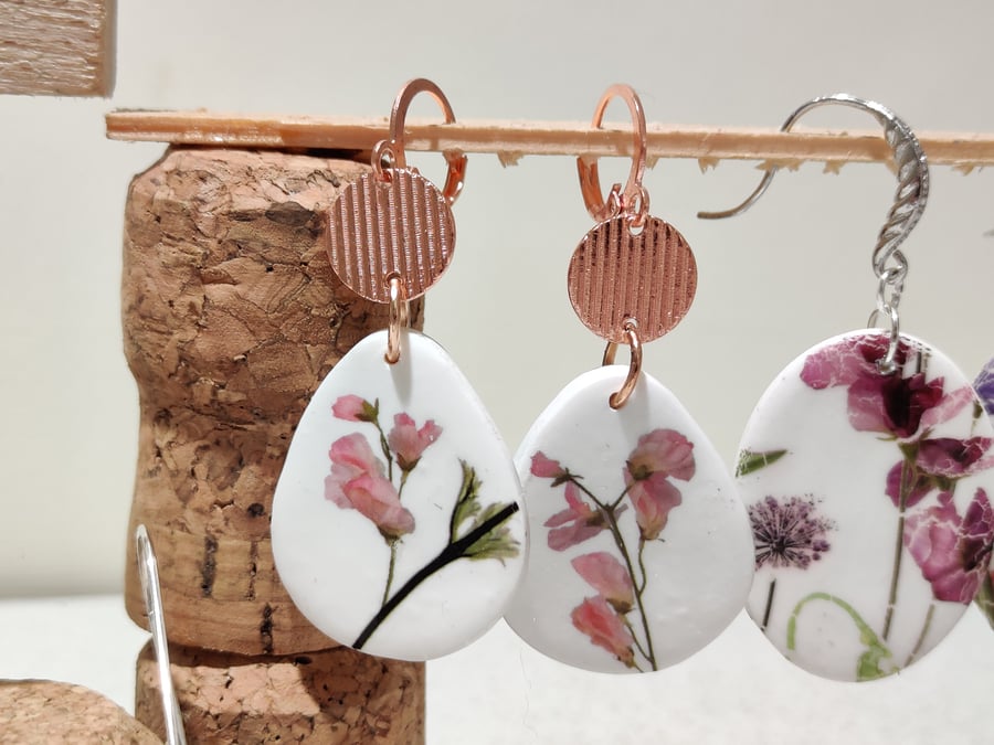 Rose gold Floral transfer polymer clay earrings