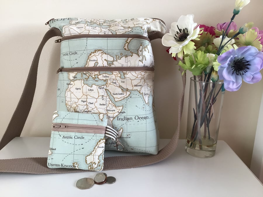 World map crossbody bag or handbag. With coin purse.