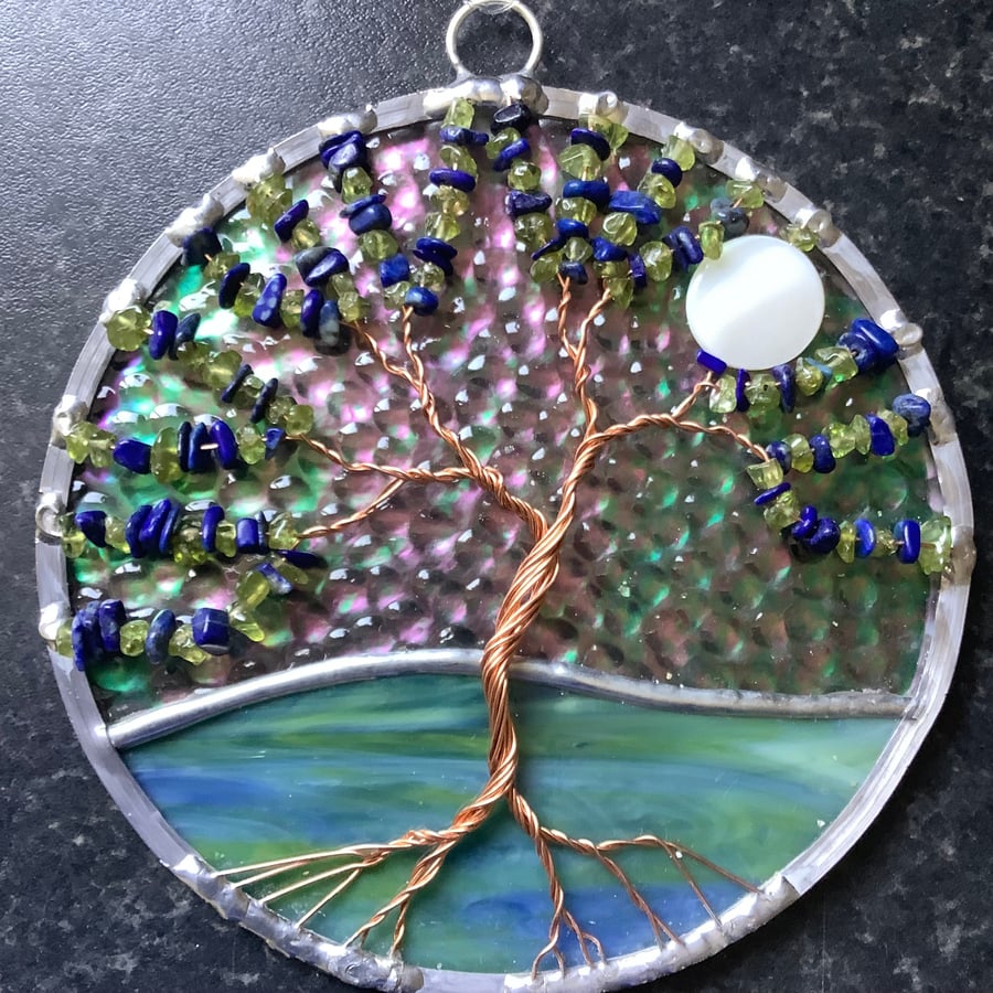 Peridot and lapis tree of life suncatcher