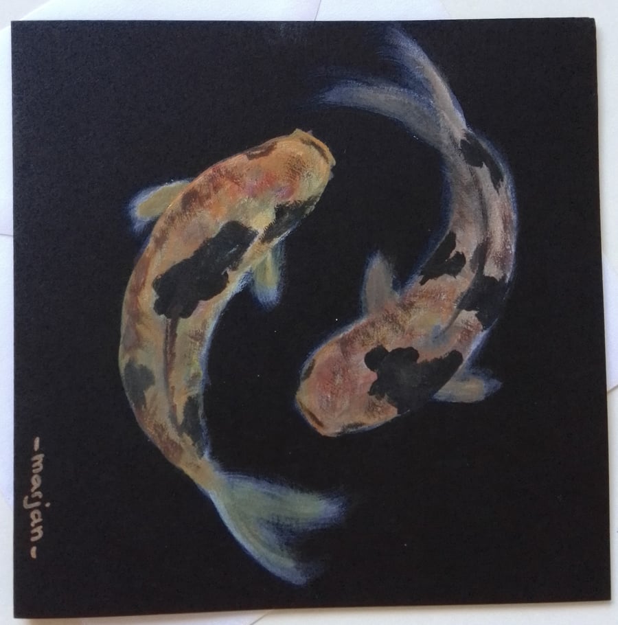 Card of two Koi Fish on black card. Original