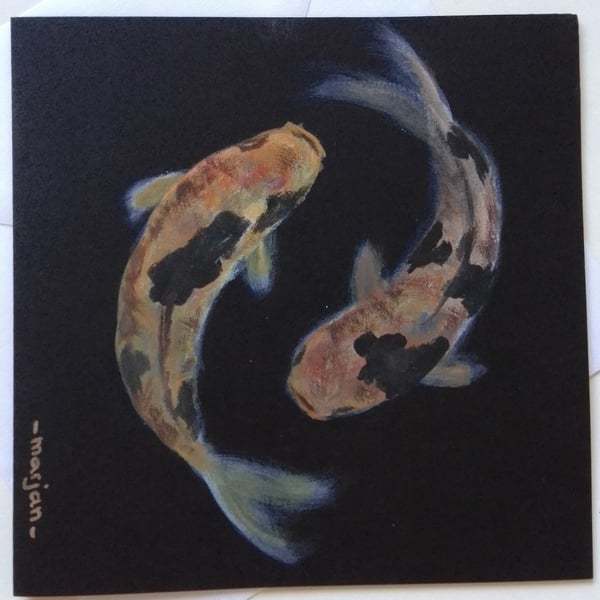 Card of two Koi Fish on black card. Original