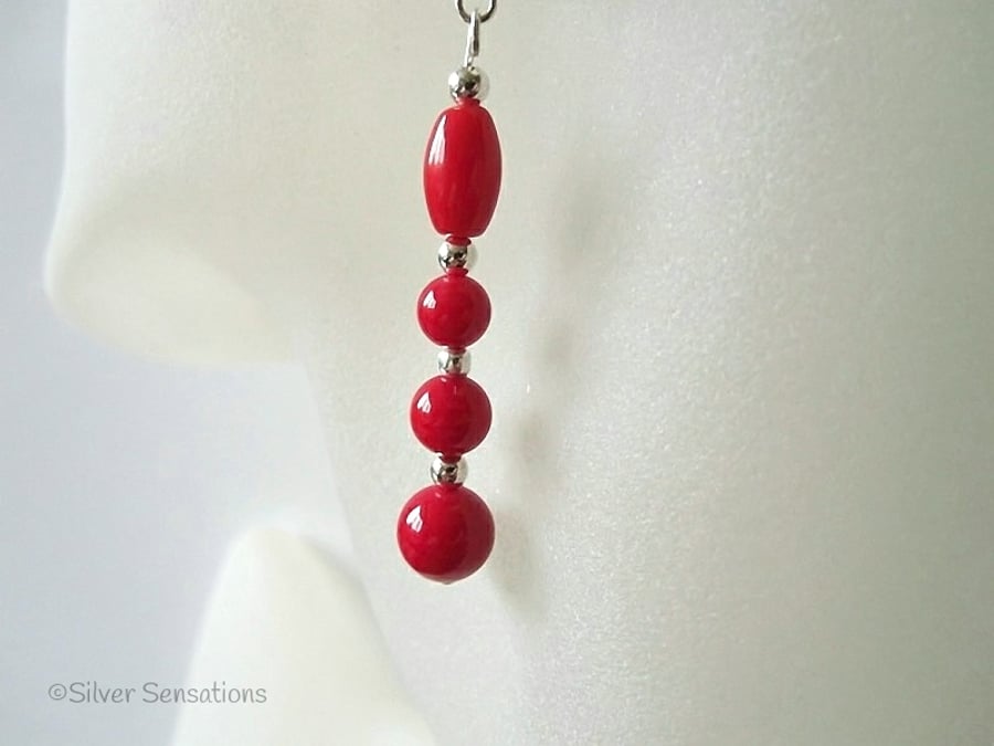 Rich Red Coral & Sterling Silver Beaded Drop Earrings