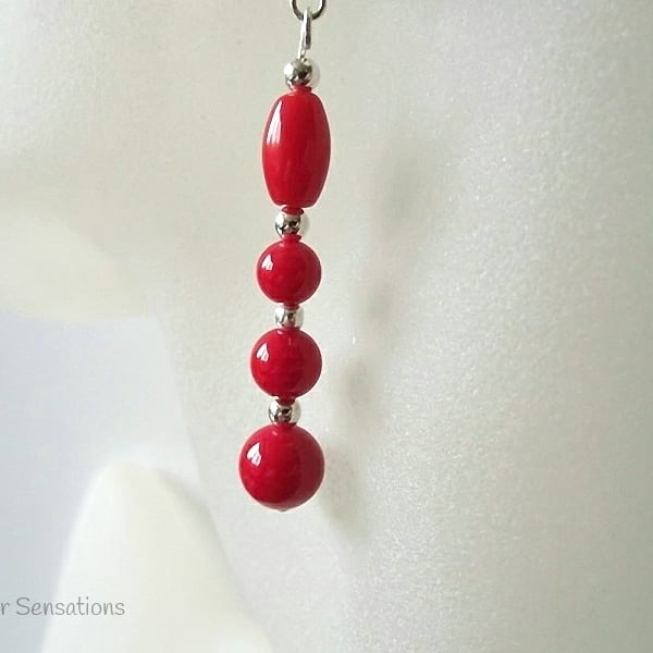 Rich Red Coral & Sterling Silver Beaded Drop Earrings