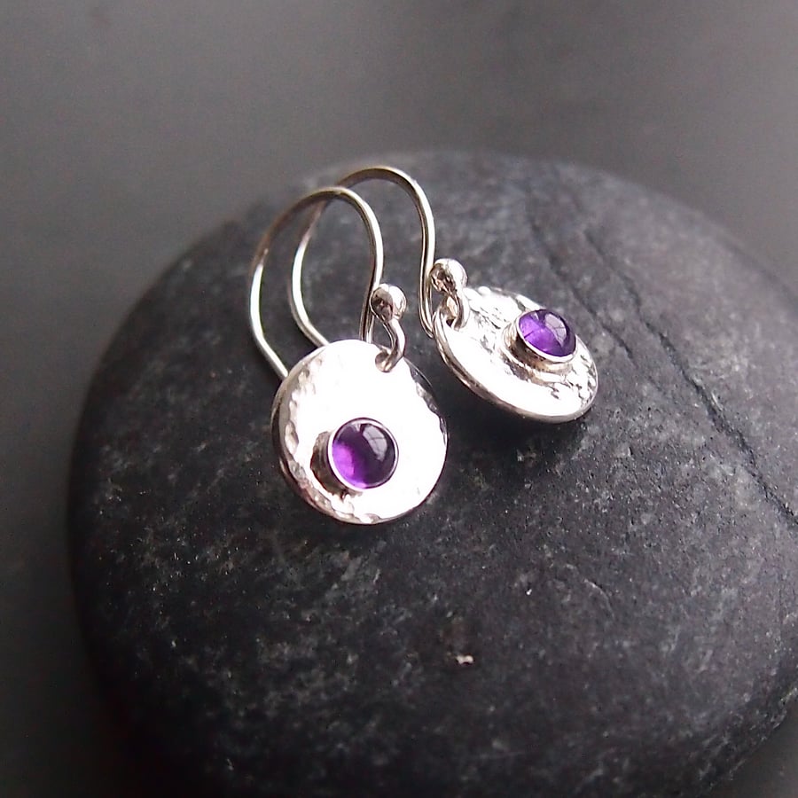 Hammered Disc Earrings with Amethyst