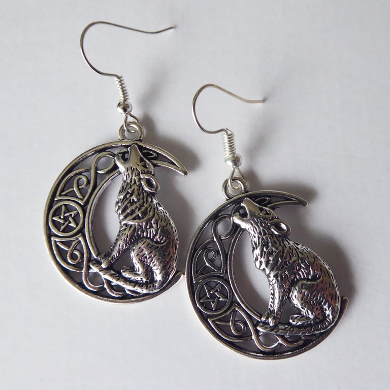 Moon and Wolf Earrings with Silver Plated Ear Wires