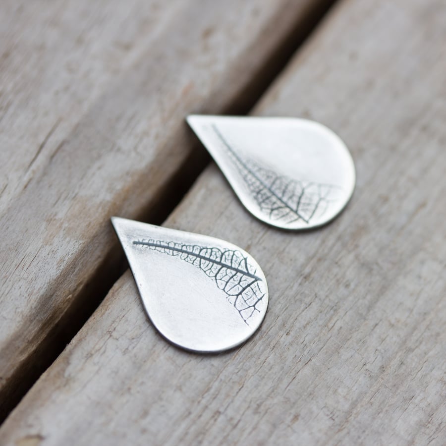 Leaf Tip Textured Tear Drop Recycled Sterling Silver Ear Studs