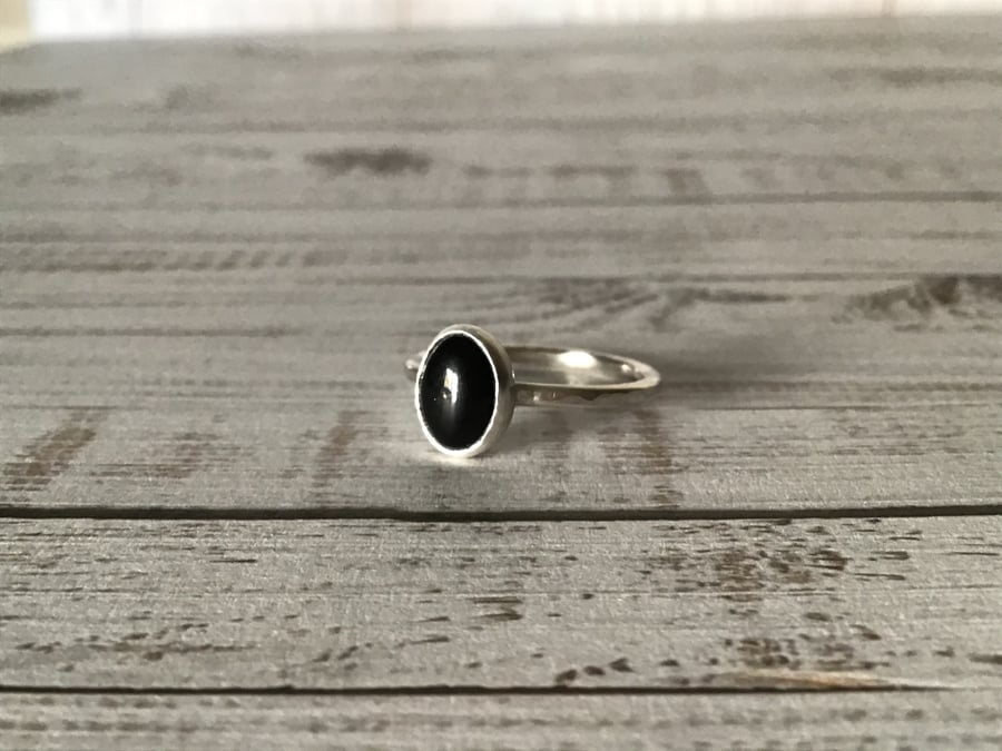 Black Onyx Sterling and Fine silver oval shaped gemstone dainty ring