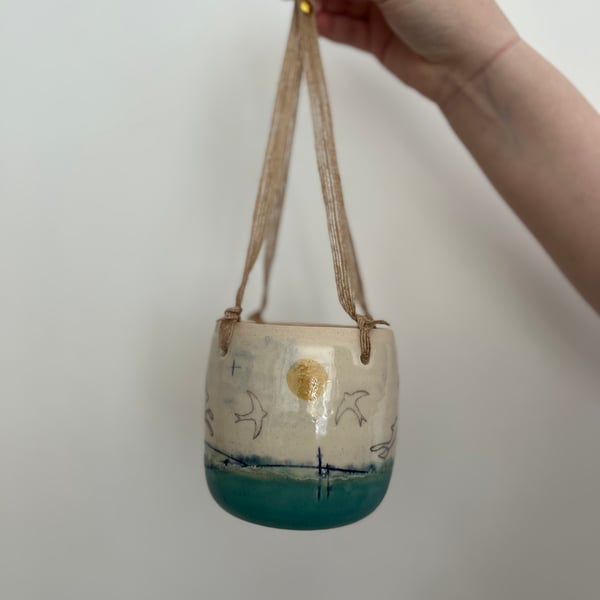 A Ceramic hanging plant holder - 100 - Hare mustard moon - Summer Studio Sale 