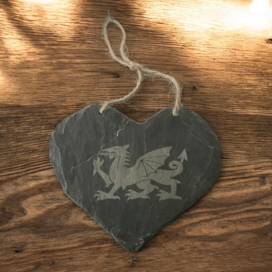 Handcrafted Reclaimed Welsh Slate Heart Plaque with Welsh Dragon (16 x 15 cms)
