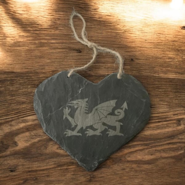 Handcrafted Reclaimed Welsh Slate Heart Plaque with Welsh Dragon (16 x 15 cms)