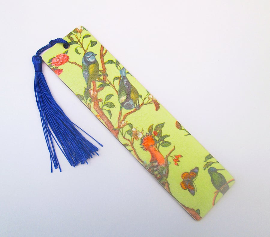 Blue tits and birds wood decoupage bookmark with tassel