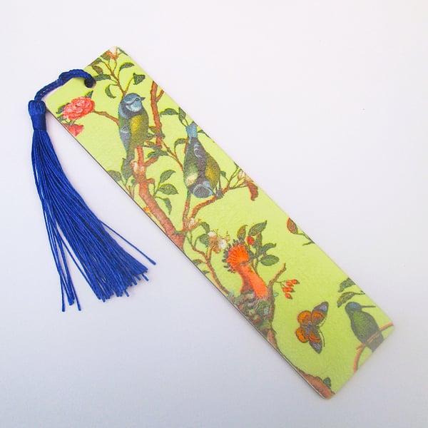 Blue tits and birds wood decoupage bookmark with tassel