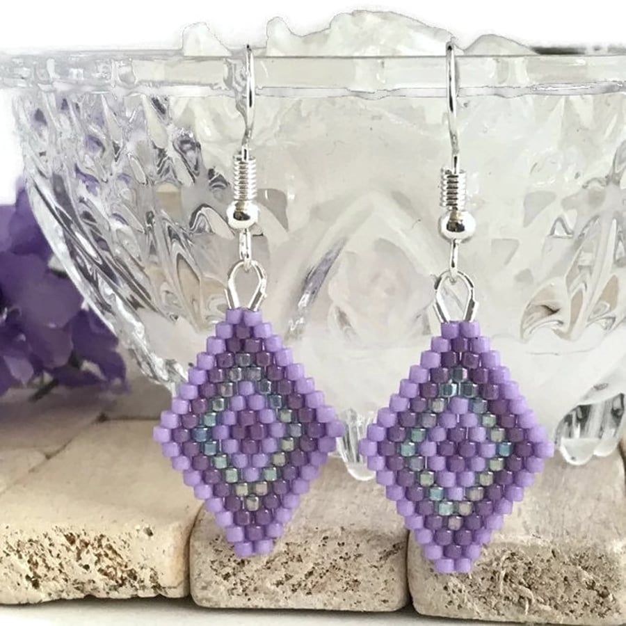 Shades of Purple Beaded Diamond Shaped Earrings